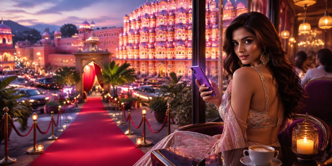 Jaipur cityscape with iconic Hawa Mahal lit up at night